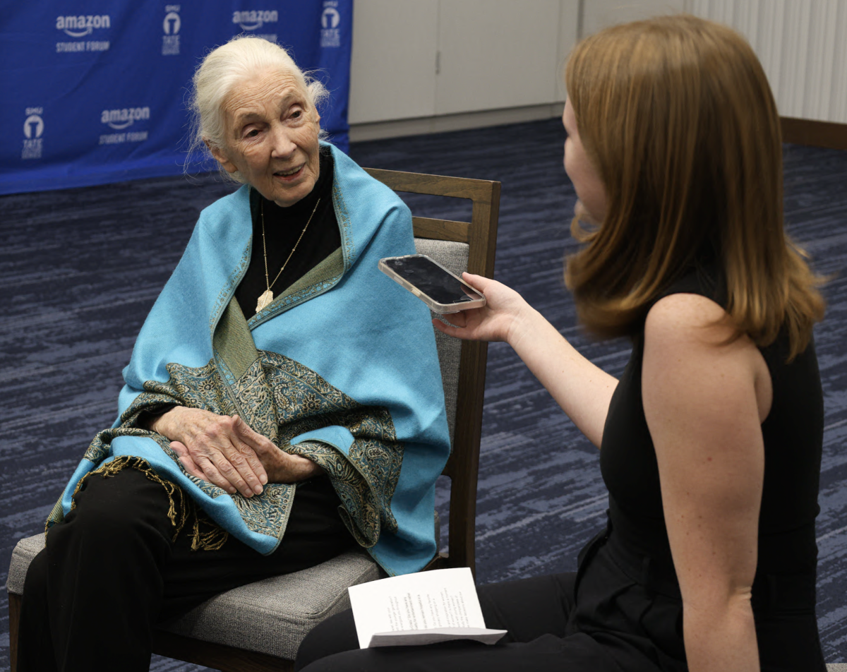 Tate Lecture speaker, Jane Goodall, sits down with The Daily Campus' Ellen Rogers in the green room of Hughes Trigg Student Center in Dallas, TX on Oct. 2, 2024. 